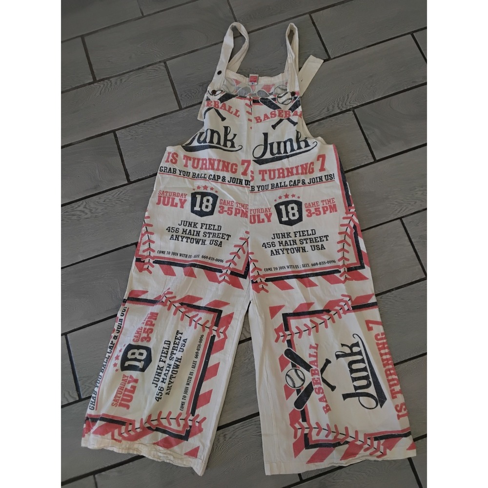 Vintage Sack Baseball Graphic Overalls Womens Cream Red Wide Leg Cotton Jumpsuit
